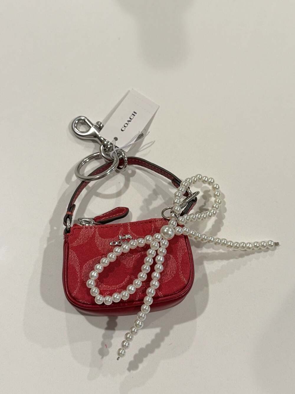 Coach Signature Denim Mini Bag Charm Red with Pearl Strand